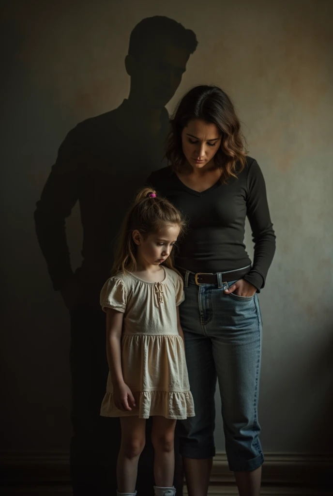 A photo of a girl with her mother and the shadow of her absent father