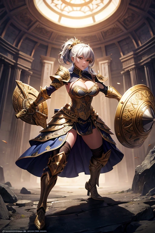 ((Best Quality)), ((detailed)), ((masterpiece)), (Amazing), charming, (extraordinary), elegant, warrior, beautiful face, strong form, ornate detailed mini body armor, sexy armor, revealing armor, sexy costumes , holding a golden sword and shield, high leather boots, Full body photo, action pose, digital artwork, Digital masterpiece, Digital paint, Ethereal lighting, transcendent atmosphere, sleep light, magical lighting, f/2.8, magnifiers, Fast lens
