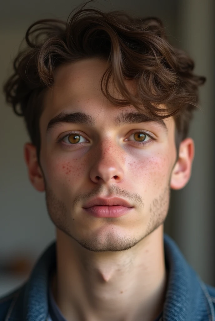 eyes browns, pointy nose, 3 moles near the nose, with oval head shape, no mark on the chin, with a little beard only on the chin, with half-full lips a young 19-year-old teenager with 1,77 tall
