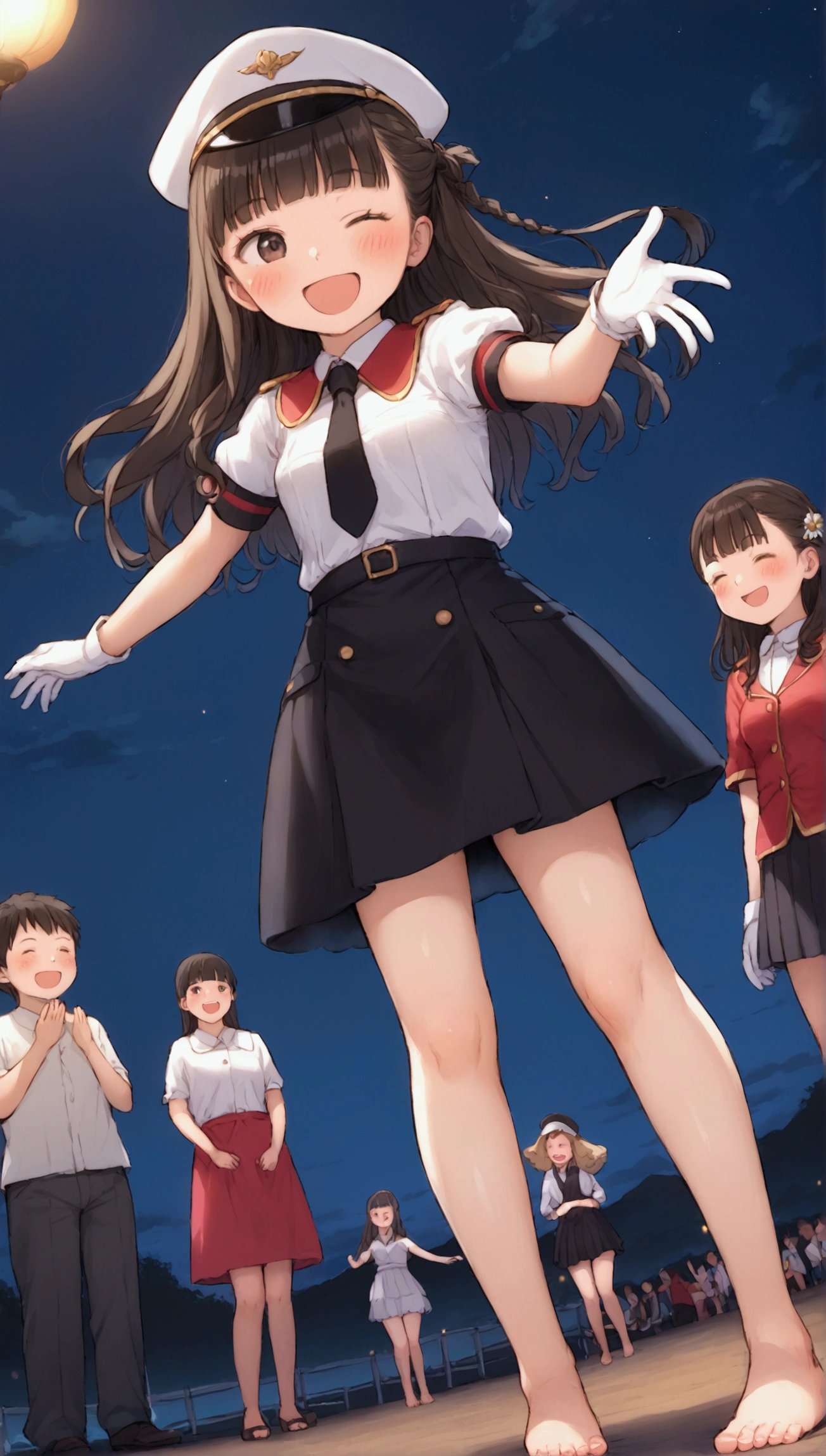 {Highest quality}, {so beautiful},{Ultra-fine},{Best illustrations},Brown Hair,Hime cut,Long Hair,Braiding,One Woman,Standing woman,Strike a Pose,Adult female,smile,Excited face,Wink,Uniform Cap,White shirt,Short sleeve,long black skirt,White gloves,Night Festival,blush,thin,Black stiletto heel,barefoot,From an angle,From below,Woman with legs closed,Wave hands with both hands