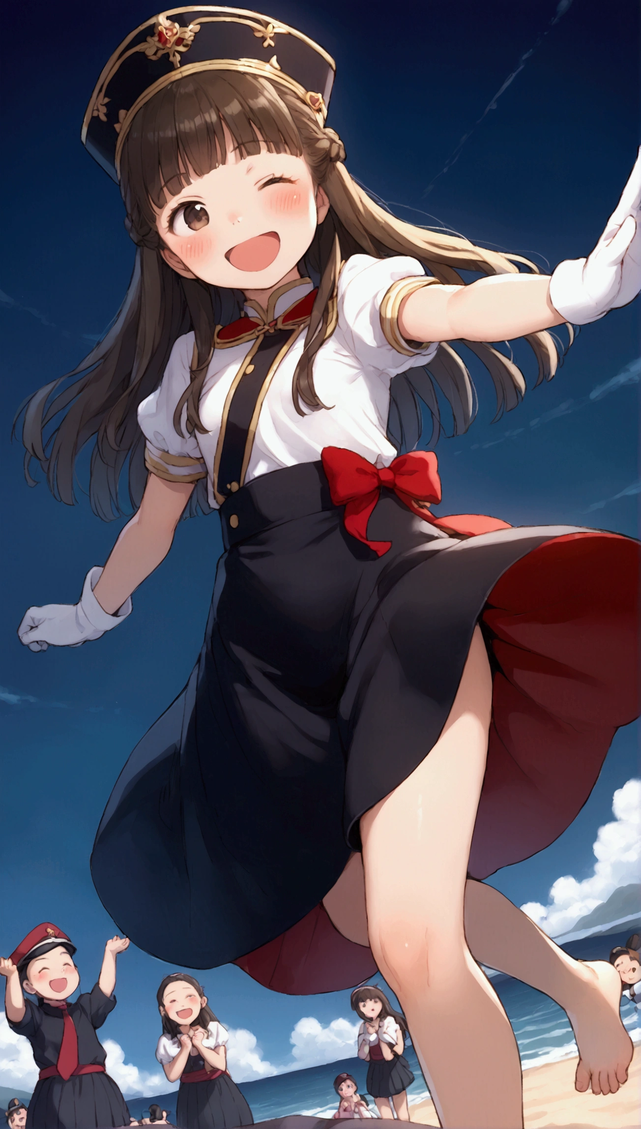 {Highest quality}, {so beautiful},{Ultra-fine},{Best illustrations},Brown Hair,Hime cut,Long Hair,Braiding,One Woman,Standing woman,Strike a Pose,Adult female,smile,Excited face,Wink,Uniform Cap,White shirt,Short sleeve,long black skirt,White gloves,Night Festival,blush,thin,Black stiletto heel,barefoot,From an angle,From below,Woman with legs closed,Wave hands with both hands