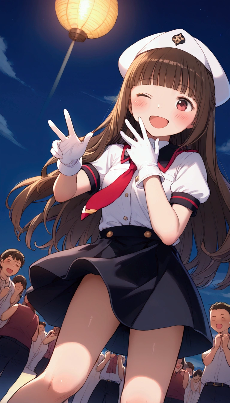 {Highest quality}, {so beautiful},{Ultra-fine},{Best illustrations},Brown Hair,Hime cut,Long Hair,Braiding,One Woman,Standing woman,Strike a Pose,Adult female,smile,Excited face,Wink,Uniform Cap,White shirt,Short sleeve,long black skirt,White gloves,Night Festival,blush,thin,Black stiletto heel,barefoot,From an angle,From below,Woman with legs closed,Wave hands with both hands