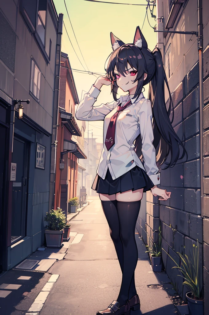 (hentai:1.2), (ideal:1.1), (perfection:1.1), (flawless:1.1), (best quality:1.2), (highest quality:1.2), dark alley, 1girl, solo, (evil smirk:1.2), sexy pose skirt, thigh high socks, blouse, shirt, young girl, (thick thighs:0.9), (small breasts:1.1), athletic body, high quality eyes, highly detailed, 4k, best resolution, high quality shadows, high quality light, best quality upscale, most beautiful upscale
