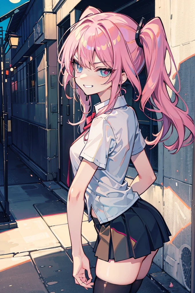 (hentai:1.2), (ideal:1.1), (perfection:1.1), (flawless:1.1), (best quality:1.2), (highest quality:1.2), dark alley, 1girl, solo, (evil smirk:1.2), sexy pose skirt, thigh high socks, blouse, shirt, young girl, (thick thighs:0.9), (small breasts:1.1), athletic body, high quality eyes, highly detailed, 4k, best resolution, high quality shadows, high quality light, best quality upscale, most beautiful upscale