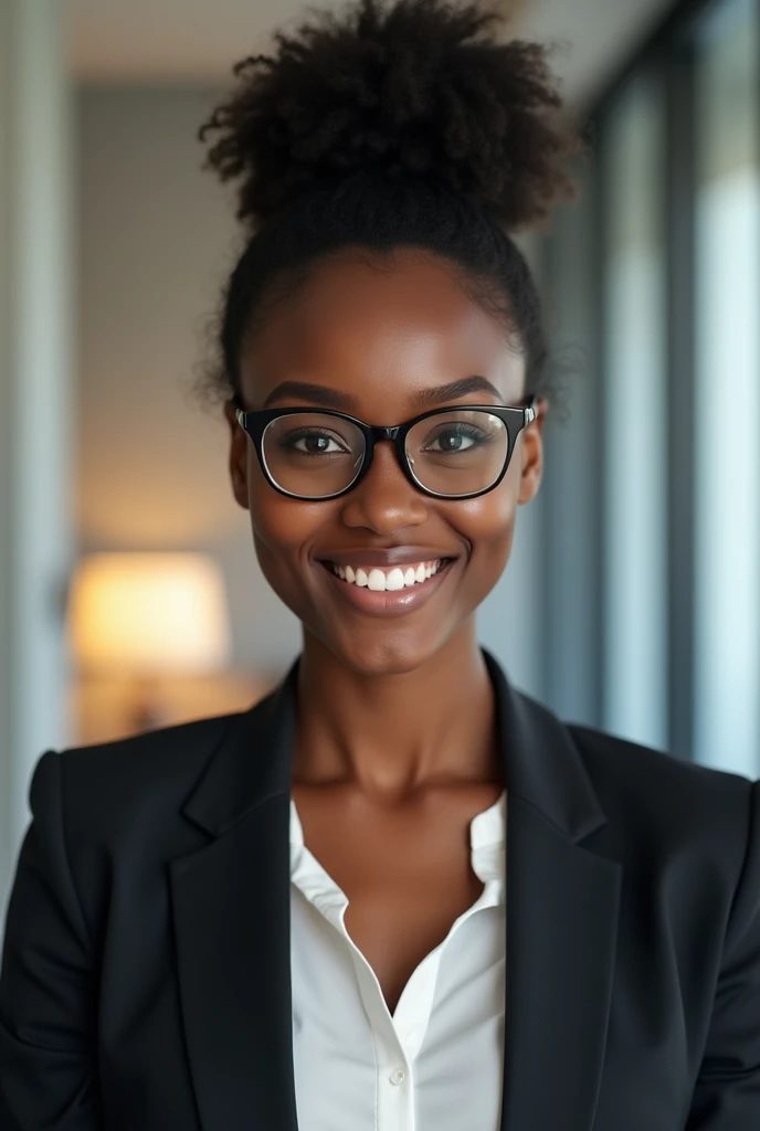 black office woman wearing ballerina hair bun, lipstick, and glasses smiling to camera; 4k; high quality