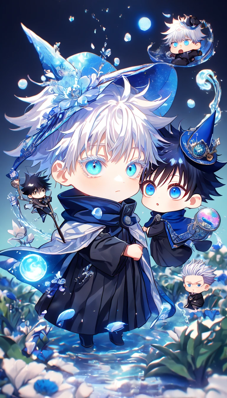 absurdres, highres, ultra detailed, HDR, master piece, Gojou Satoru chibi, white hair with bangs, white eyelashes, expressive blue eyes, Fushiguro Megumi chibi, black hair, expressive blue eyes, expressive blue eyes, Jujutsu Kaisen, magical hat, cute, best quality, blue moon, flowers, fantasy, magical, two boys hugging, yaoi, gay couple, water, blue shining fireflies, blue petals, cape,