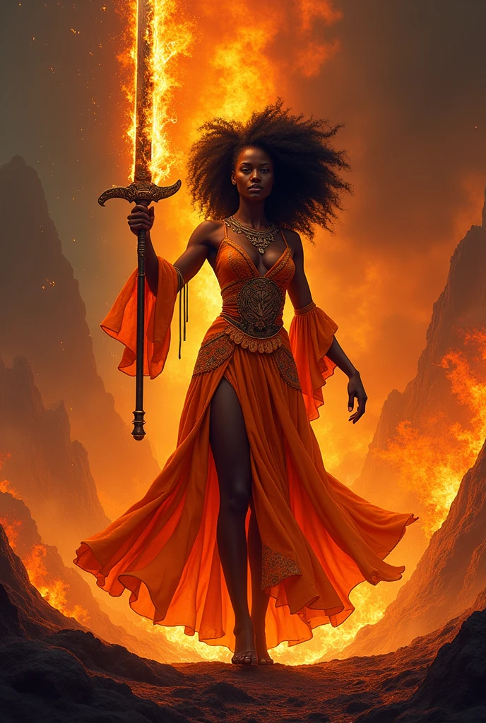 Black woman Orisha, warrioress, curly hair, in the middle of a volcano, orange dress, with a flaming sword raised in his hand