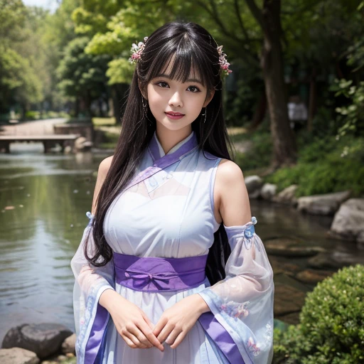 best quality, Delicate face，beautiful visual work, lifelike, eternity, black hair, Long curly hair, blunt bangs, Smile, Detailed Background, Delicate face，blush，cold，((masterpiece))、(top quality)、8k、high detail、Super detailed，21 years old female，Wearing Tang Dynasty Hanfu、waist skirt, Clothes are light and fluffy，Hanfu, wide sleeves, Transparent sleeves, Tunic, Clothes made of chiffon, Seductive and whimsical style、masterpiece、born、Scenes resembling fairy tale illustrations、Intricate details and complex designs、Beautifully、magic、capricious、 Beautifully、Dream aesthetics、「𝓡𝓸𝓶𝓪𝓷𝓽𝓲𝓬、ethereal、charming、fickle、magic」、Realism、Visual effects、FXAA、SSAO、Shaders、voiceless、ambient lighting、Tone mapping、High resolution、Ultra high quality、Million pixels、(8K resolution:1.10)、8k、Below 8K、8K resolution、high detail、intricate details， (high quality:1.2、masterpiece:1.2、:1.21)、(21 years old female:1.21)、(Smile excitedly)、(Surrounded by a dream-like atmosphere、Model diagram，full-body shot，Normal 2 feet，Put your hands behind you，The protrusion of the breast is visible when wearing clothes, Large Breasts, H cup chest, antiquity, Xian Xia, gauze clothes, Soft and fluttering, Fairy, dream, fantasy, light, elegant, nature, Immortal, romantic, classical, ribbon, light purple clothes, By the stream, Don't take photos of your fingers