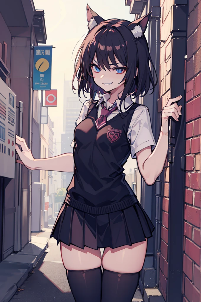 (hentai:1.2), (ideal:1.1), (perfection:1.1), (flawless:1.1), (best quality:1.2), (highest quality:1.2), dark alley, 1girl, solo, (evil smirk:1.2), sexy pose skirt, thigh high socks, blouse, shirt, young girl, (thick thighs:0.9), (small breasts:1.1), athletic body, high quality eyes, highly detailed, 4k, best resolution, high quality shadows, high quality light, best quality upscale, most beautiful upscale