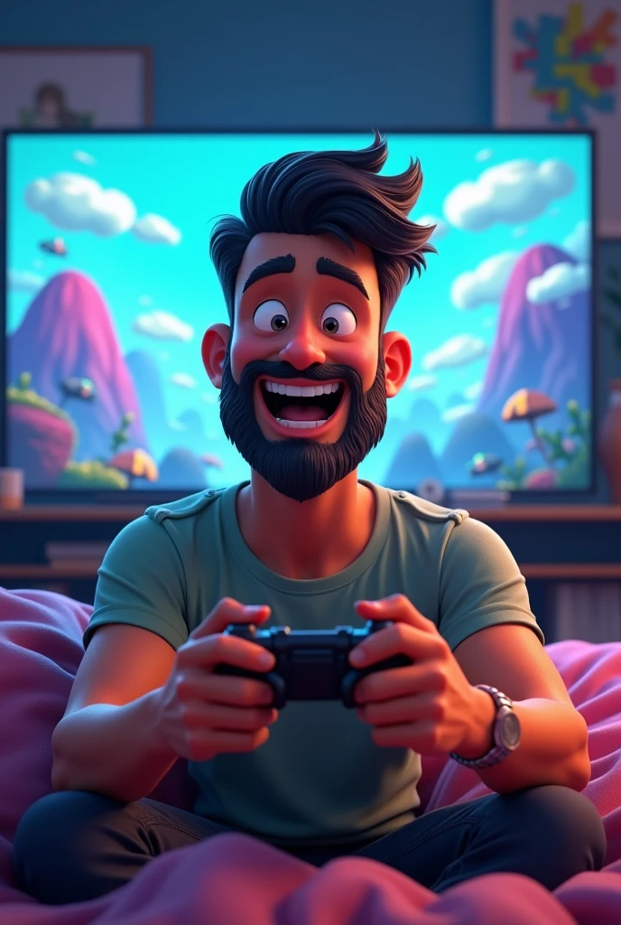 Animation style image of a Brazilian man with a beard and quiff playing a video game and having fun, with a TV and a fantasy world of games in the background