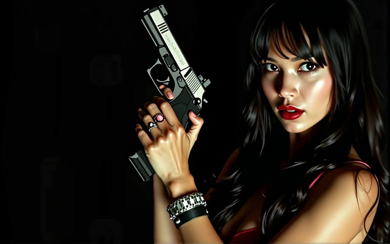 /imagine a realistic photo of a secret agent, a beautiful Brazilian woman with Asian features, Chinese eyes, in her 30s, ((long, straight black hair with bangs)), she wears red leather clothes, a short red leather jacket, underneath a black crop top, tight red leather pants with a low waist, her belly button exposed, women's tactical boots with heels, she uses black eyeliner to accentuate her eyes, she has very slanted eyes, Asian type, she is holding a gun, on her thighs pistol holsters, belt with ammunition pouches, she is standing in an action pose, ((she has a cold, serious and threatening look)), ((she has a well-defined body, body with beautiful curves, thin waist, thick thighs and round butt)), hyper realistic image, details in the skin and hair, cinematic scene, professional saturation,