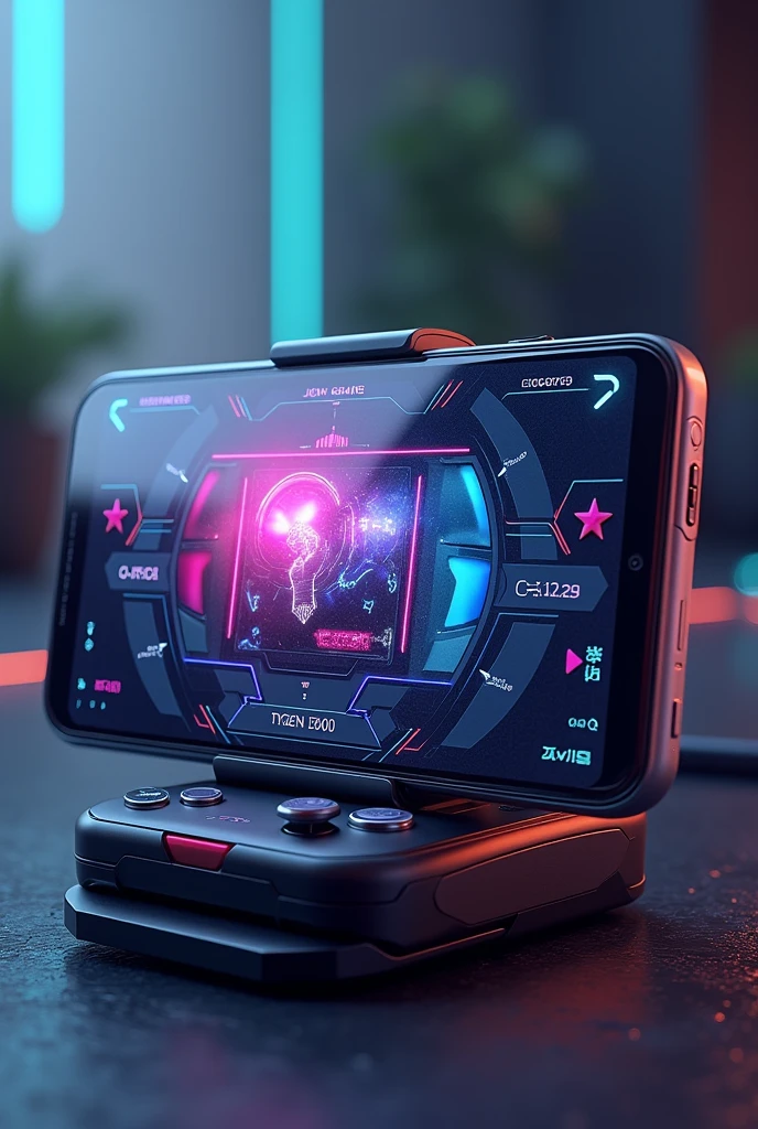 Create a mobile phone with a unique gaming interface, facing the front