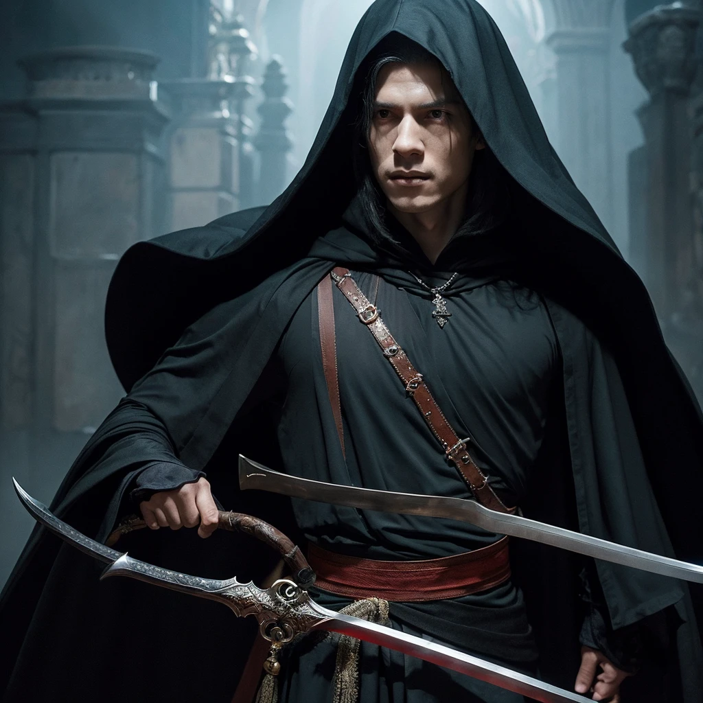 A man with a black cape and cloak facing the camera holding a sword