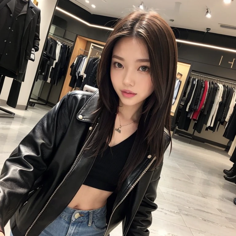 (((Only one girl、Japanese、Skinny athletic model、Flat Chest)))、50 years old、((In a black leather jacket、A cool style with fitted skinny jeans。Pair it with a simple white T-shirt or tank top as an inner layer.、Add an accent necklace or bracelet。)))、The best smile、The scene where she is walking in the mall。The hardness of a leather jacket、The casualness of denim is perfectly balanced.。