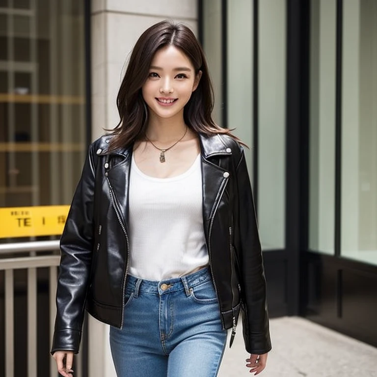 (((Only one girl、Japanese、Skinny athletic model、Flat Chest)))、50 years old、((In a black leather jacket、A cool style with fitted skinny jeans。Pair it with a simple white T-shirt or tank top as an inner layer.、Add an accent necklace or bracelet。)))、The best smile、The scene where she is walking in the mall。The hardness of a leather jacket、The casualness of denim is perfectly balanced.。