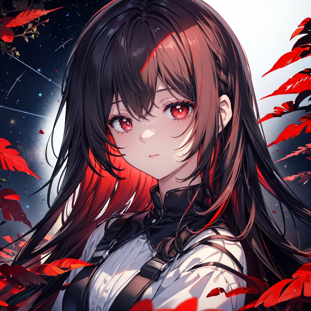 Black eyes with red pupils,black and red hair with some stars