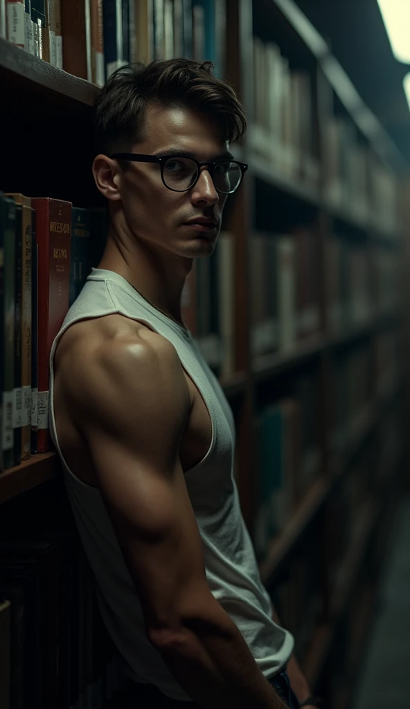 best quality, masterpiece, extremely detailed, 25 year old man, wearing glasses, innocent baby-faced, muscular build, shy smile, fitted clothes, leaning against bookshelf, in library, afterhours, at night, very dim lighting, dark cinematic shadows, dreamy atmosphere, perfect face, perfect hands, perfection