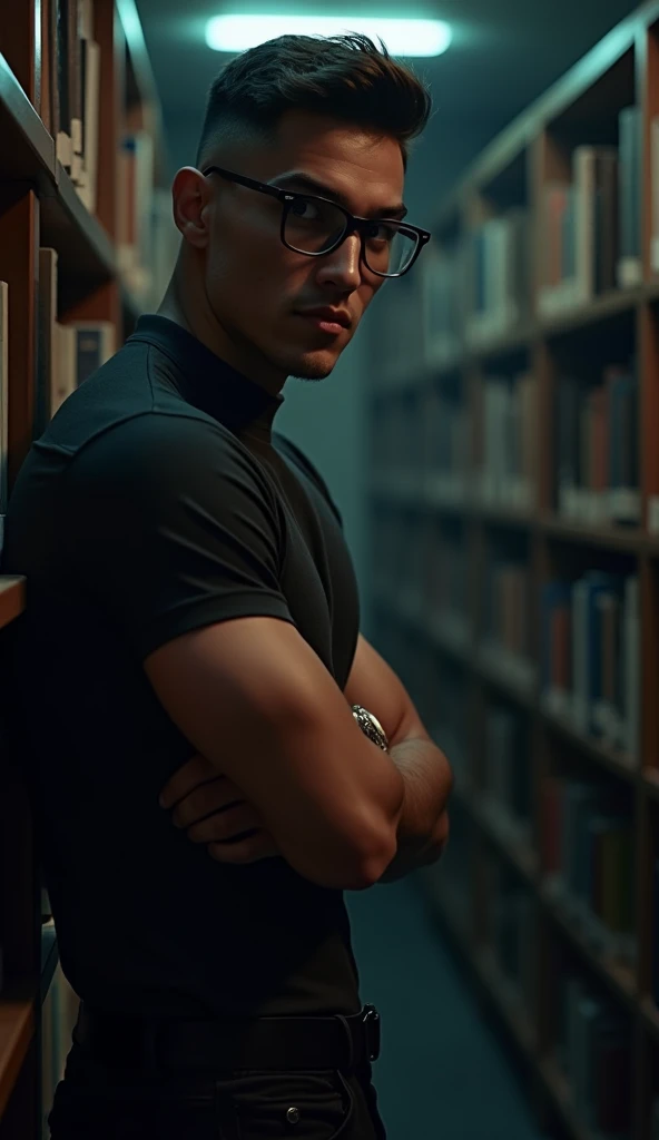 best quality, masterpiece, extremely detailed, 25 year old man, wearing glasses, innocent baby-faced, muscular build, shy smile, fitted clothes, leaning against bookshelf, in library, afterhours, at night, very dim lighting, dark cinematic shadows, dreamy atmosphere, perfect face, perfect hands, perfection
