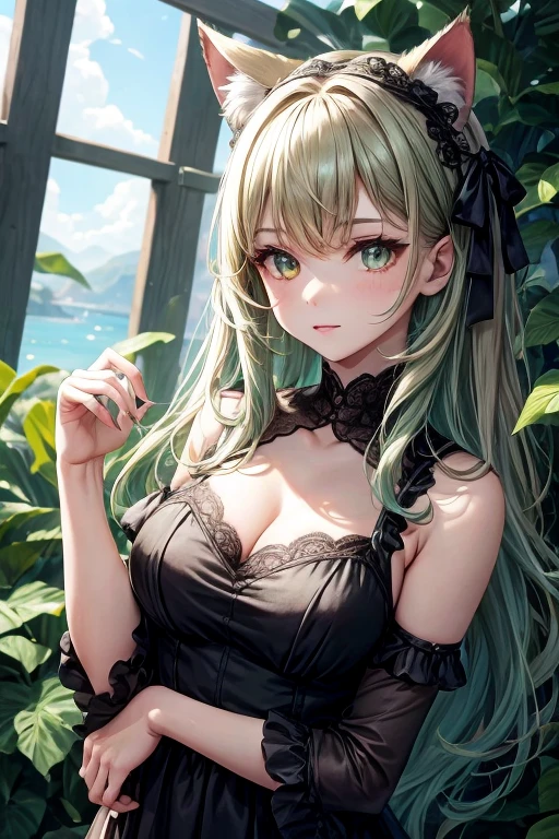 adult female, dark green hair, cat ears, turquoise eyes, rich dress, masterpiece, high quality