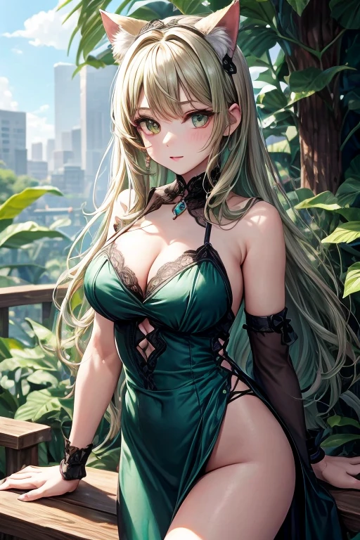 adult female, dark green hair, cat ears, turquoise eyes, rich dress, masterpiece, high quality