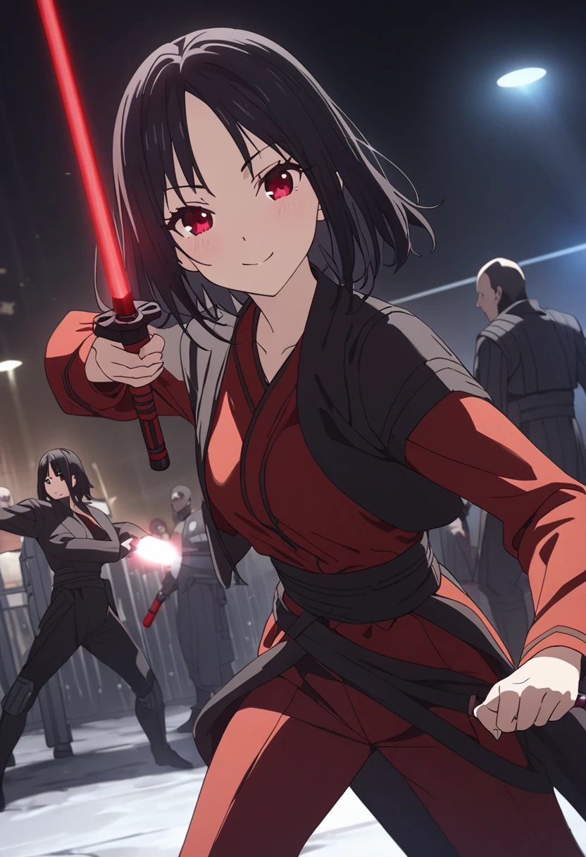 (masterpiece、premium、and 8K、High resolution:1.2)、alone、1 girl in、 Rin Shibuya, a slight smile、jedi style clothing、Look at the spectators、battle stance、Black jedi suit、night scene, Like-same, long black hair, red ribbon in hair, Red eyes, He has a red lightsaber in his hand