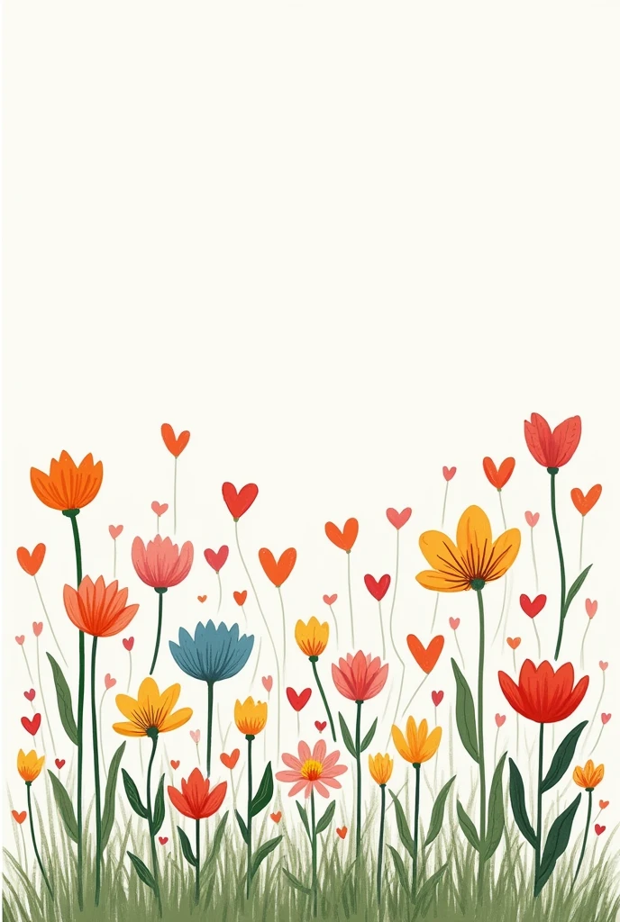 A minimalist garden drawing with colorful flowers and hearts but some withered flowers