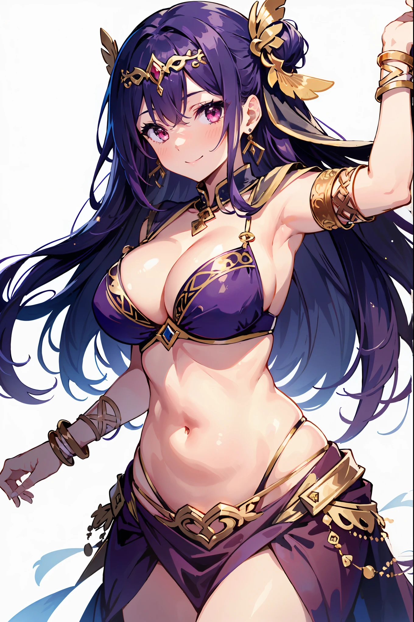 1girl, belly dancer, white background, red eyes, long hair, purple hair, harem outfit, bikini, pelvic curtain, purple costume, circlet, earrings, armlets, bracelets, bashful smile, dancing, large breasts, cleavage, soft stomach