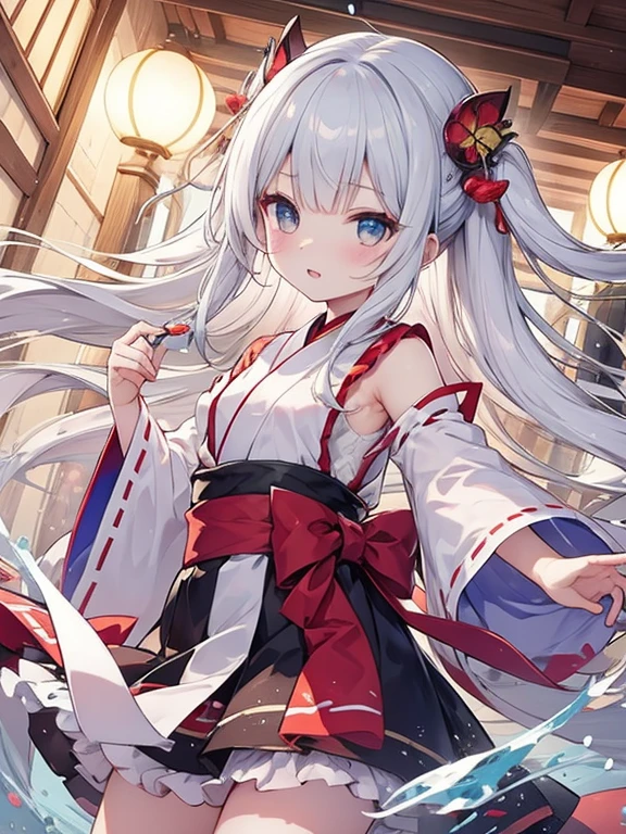 Two Girls、Shrine maiden、Dancing while spinning、Silver Hair、緑Silver Hair、Ruby eyes、Rainbow Eyes、whole body