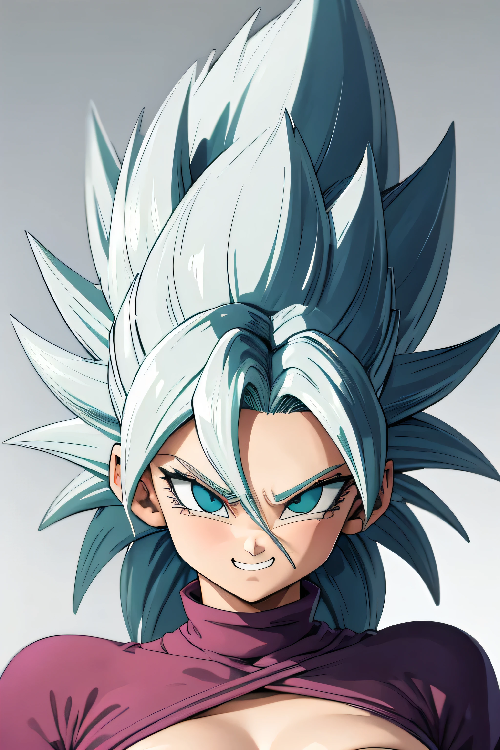 Kizi, gray hair ,forma beast, dragonball z, 80s style, アニメ, big , white background, work of art, glued clothes, looking at the camera, smiling showing teeth, Eyes red, defined abdomen, hair sticking up, evil gaze,