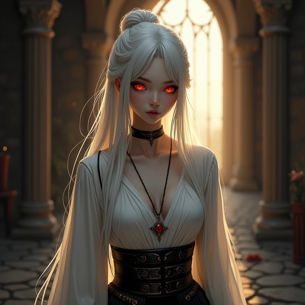 a beautiful girl, calm, vampire, bright red eyes, white long hair, pale skin, hairstyle bun at the back, white ancient shirt, black ancient pants with armor, flat body shapes, furnishings of an old castle, sun rays, dark atmosphere, An amulet around his neck, photorealism