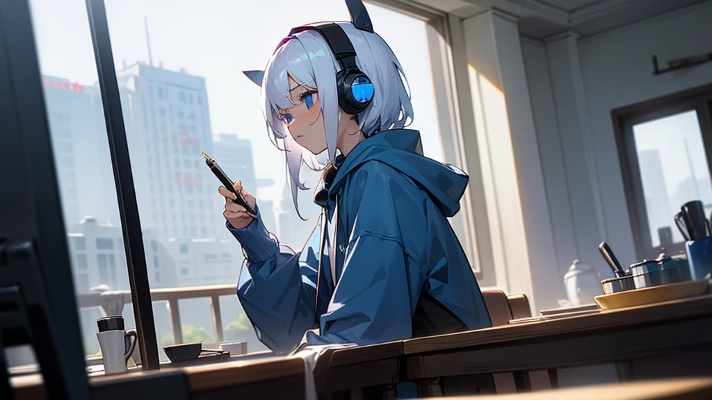 Best quaility, masterpiece, 4k, at night, A girl with white hair with blue eyes and around middle school age was wearing a hoodie, cheek cane, she wears a headset, she is facing the PC and not facing me, so I can't see her face, she is in a cafe which has sunlight shining in the building, working on something on her note PC