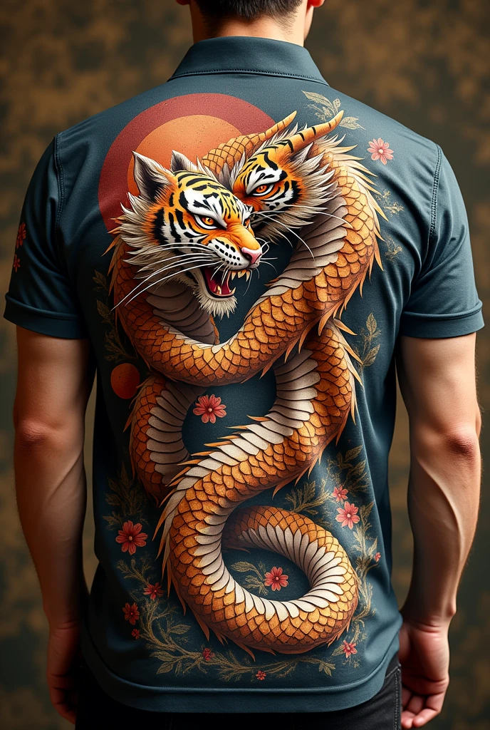 Make a shirt with a dragon and tiger print on the back