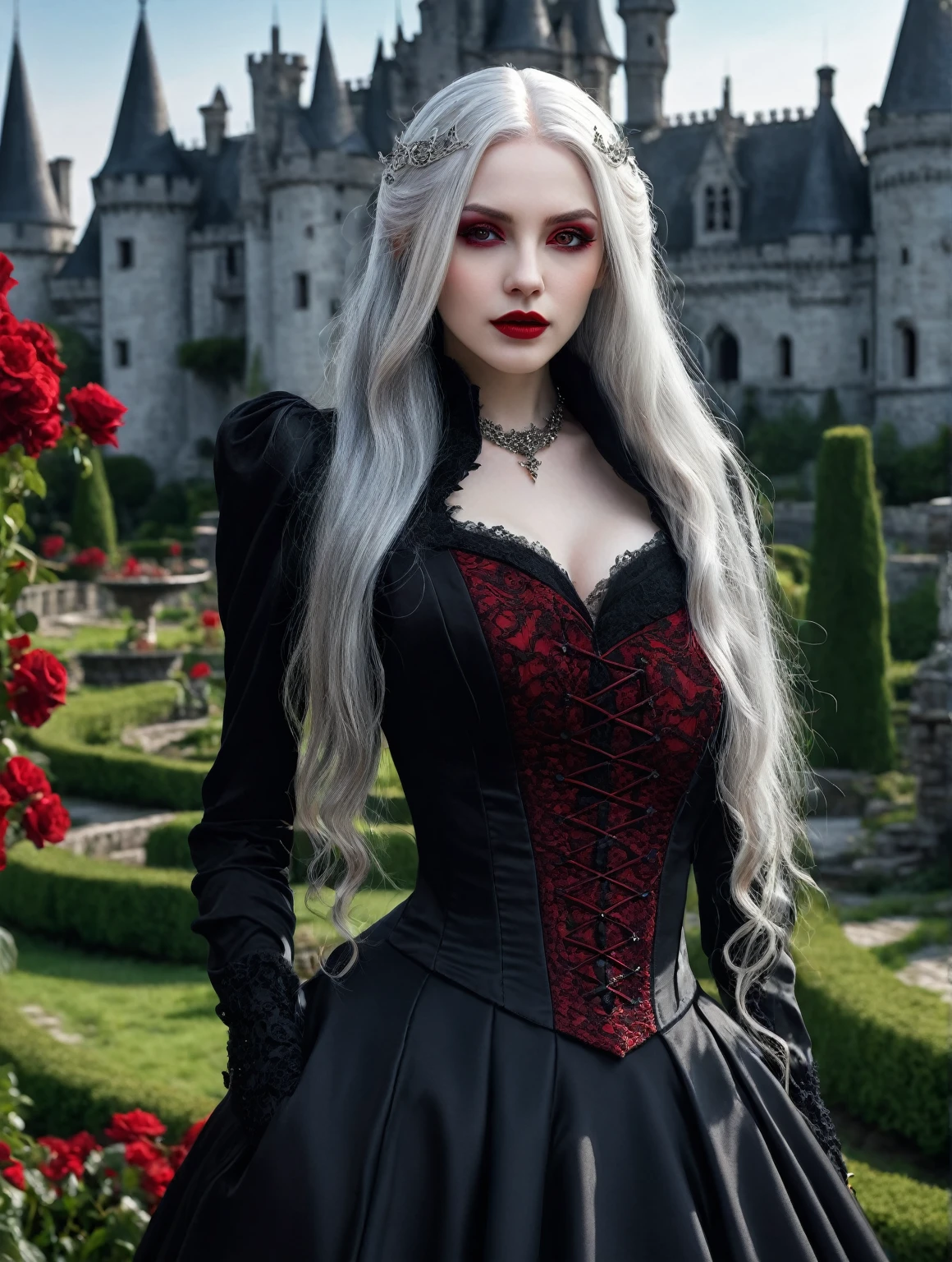 Beautiful gothic vampire girl, curvilinear,White skin,Long silver hair,crimson red eyes, Red lips,Elegant, refined, seductive red and black clothing ,in a garden with a castle,Whole body,special detailed ultra realistic volumetric defined,8K high resolution