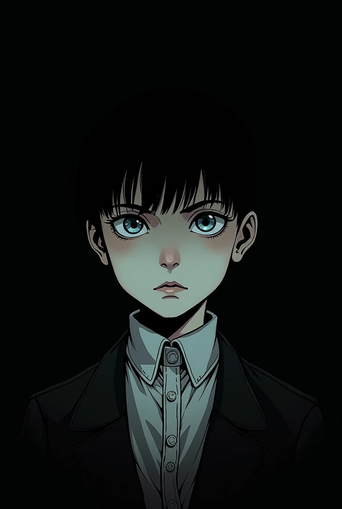 Chainsaw man comic panel boy with black hair cut to the shoulders with Victorian era clothing light blue eyes white complexion with a tired look, hides all her skin with black effect except for the lips
