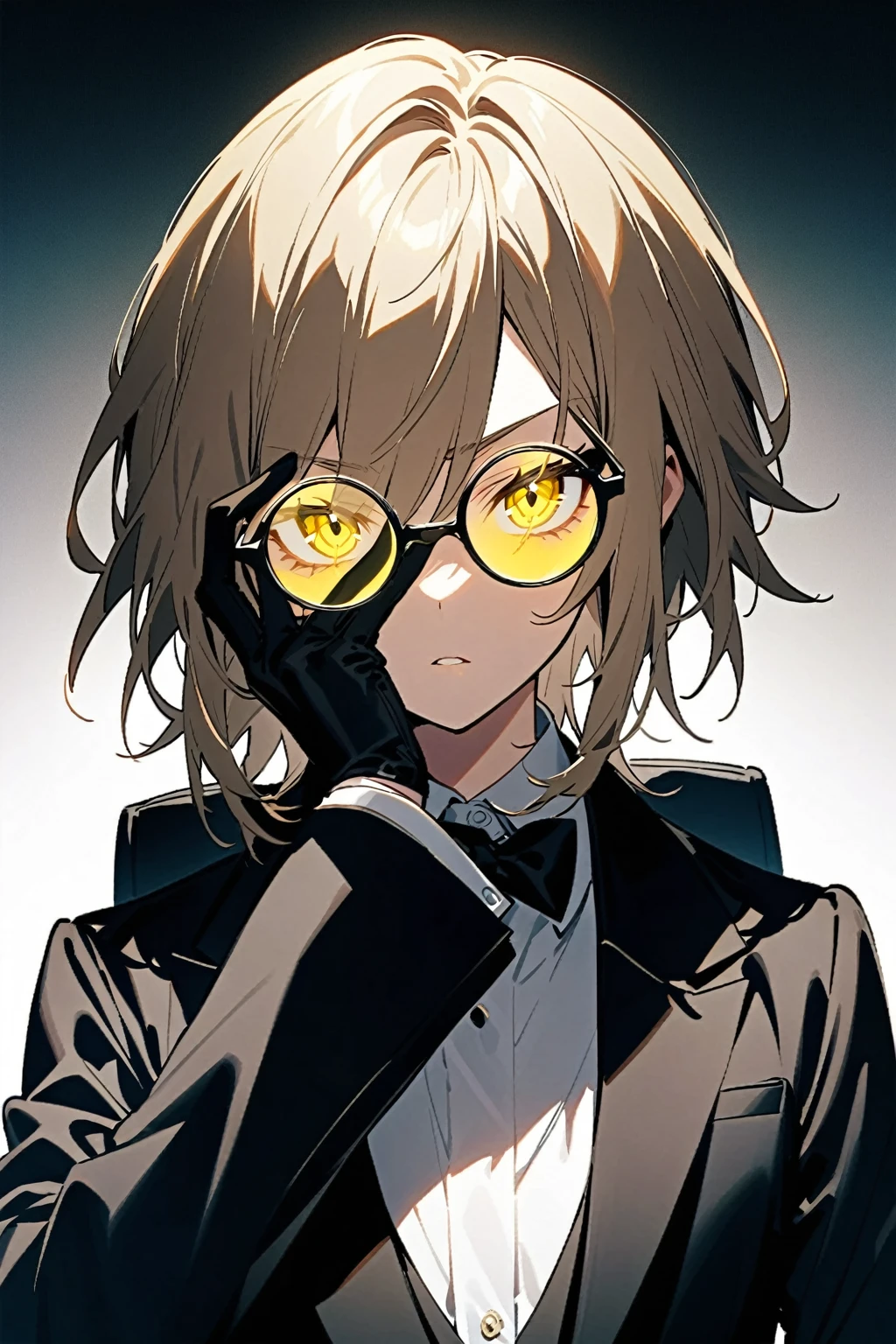 young woman of 26 years with a very androgynous appearance, with short light brown hair with much longer bangs covering the right side of his face and vacant yellow eyes. He wears an elegant black male suit. besides, wears half-moon glasses. Shows an intimidating attitude and a sharp look, Whole body, solo girl.