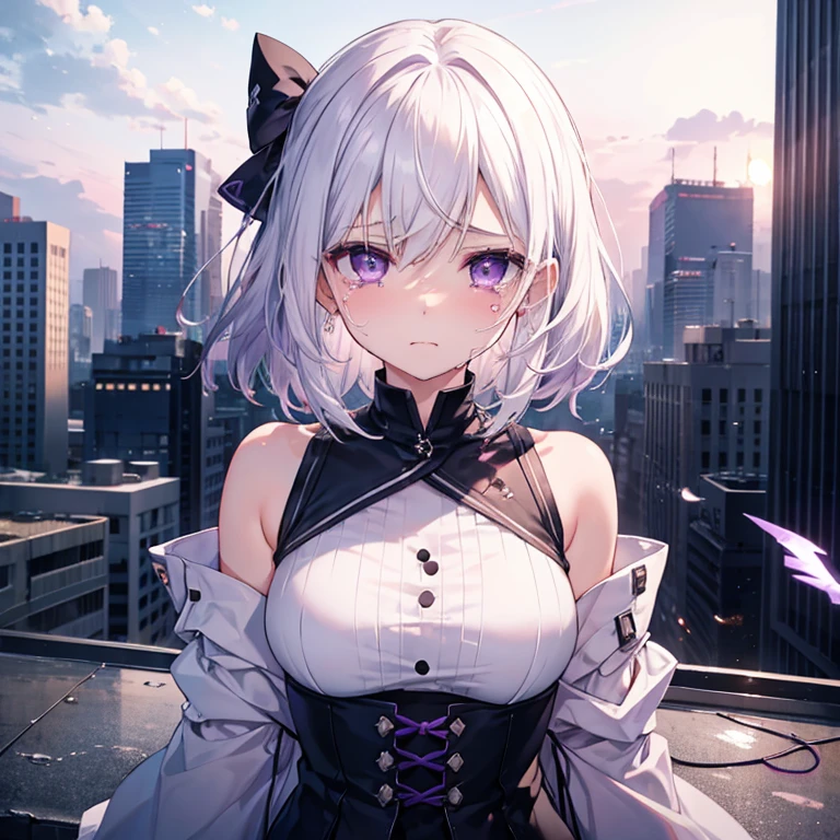 1 girl、Mature、Ample breasts、Sad face、tears、White Hair、Purple Eyes、despair、Tattered、Crying、rooftop、Lead-colored sky、Downtown、suicide、fall off one's back、飛び降りsuicide、