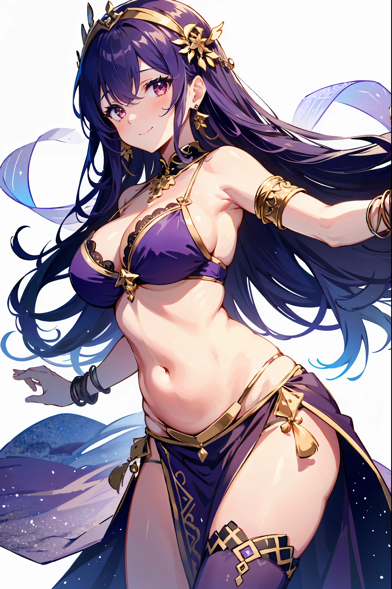 1girl, belly dancer, white background, red eyes, long hair, purple hair, harem outfit, bikini, pelvic curtain, purple costume, circlet, earrings, armlets, bracelets, bashful smile, dancing, large breasts, cleavage, soft stomach