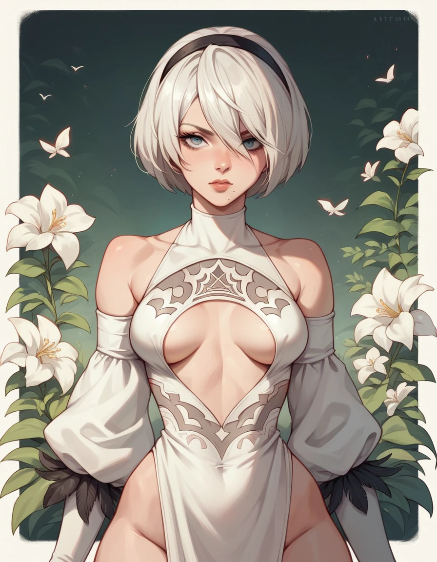 b-2 nier automata , sexy , medium breasts , grey landscapes , light reflections , body