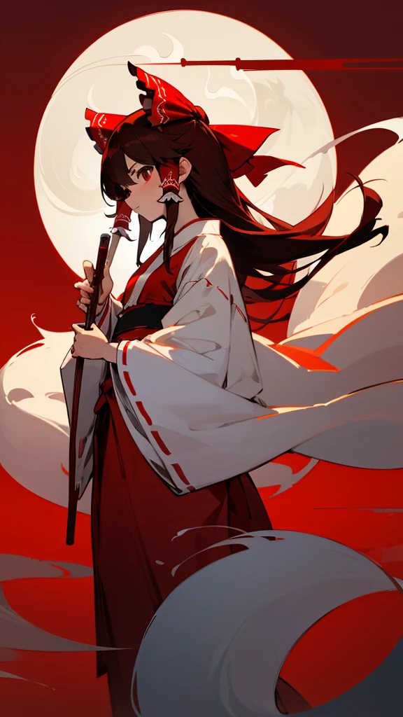 `Reimu Hakurei` with reddish brown eyes, wearing a Big and Long red ribbon, and matching tubes on the sides of her hair. wearing a Big and long red and white Kimono, with Yin-Yang pattern, and Evening background.