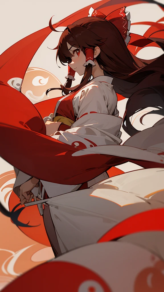 `Reimu Hakurei` with reddish brown eyes, wearing a Big and Long red ribbon, and matching tubes on the sides of her hair. wearing a Big and long red and white Kimono, with Yin-Yang pattern, and Evening background.