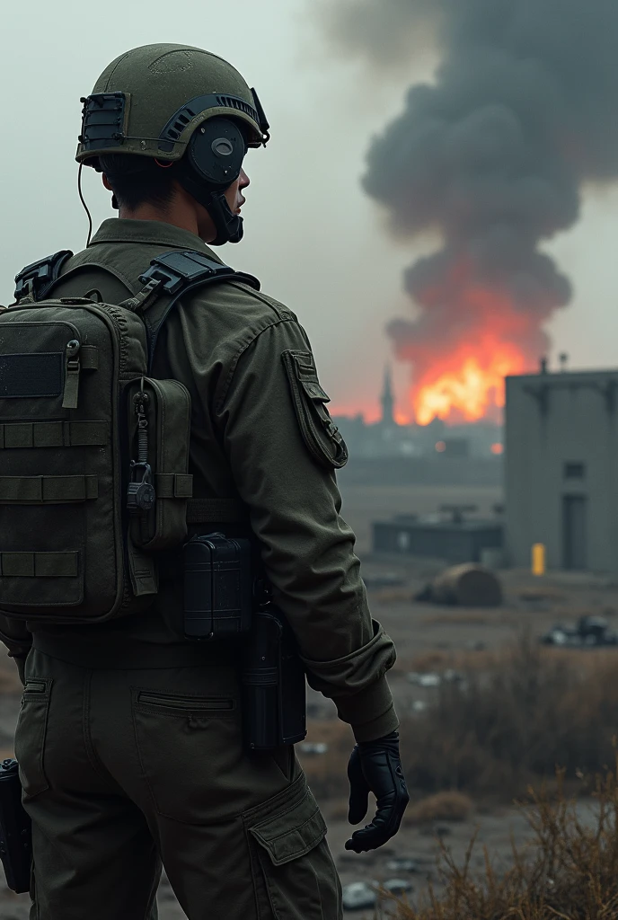 Spawns a soldier in a military base watching as missiles had fallen outside the base