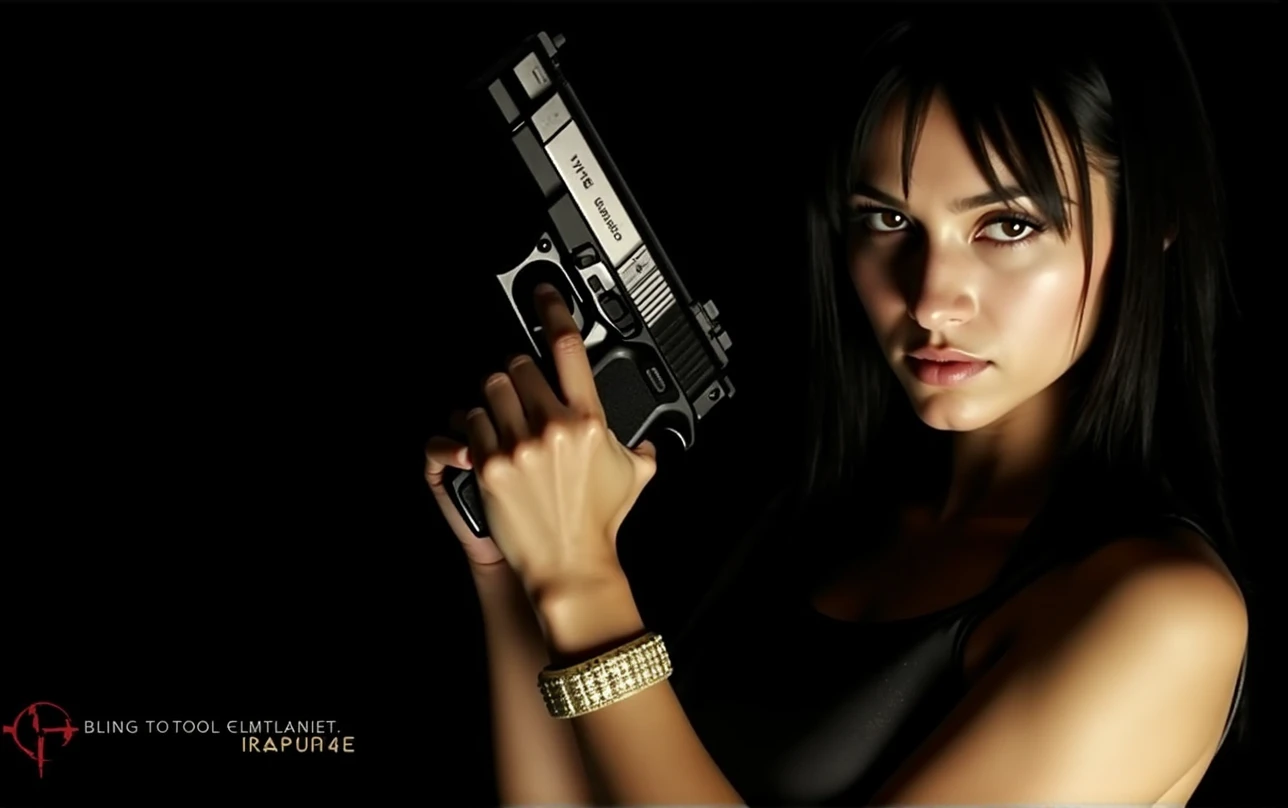 /imagine a realistic photo of a secret agent, a beautiful Brazilian woman with Asian features, Chinese eyes, in her 30s, ((long, straight black hair with bangs)), she wears red leather clothes, a short red leather jacket, underneath a black crop top, tight red leather pants with a low waist, her belly button exposed, women's tactical boots with heels, she uses black eyeliner to accentuate her eyes, she has very slanted eyes, Asian type, she is holding a gun, on her thighs pistol holsters, belt with ammunition pouches, she is standing in an action pose, ((she has a cold, serious and threatening look)), ((she has a well-defined body, body with beautiful curves, thin waist, thick thighs and round butt)), hyper realistic image, details in the skin and hair, cinematic scene, professional saturation,