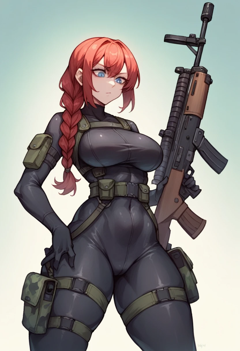 SFW, a female soldier wearing a tactical skintight bodysuit, black bodysuit, camo design, straps and pouches across body, utilitarian, weilding a heavy rifle, red hair, long braid and bangs, blue eyes, pale skin, large bust, thixk thighs, looking down at camera, holding rifle across stomach