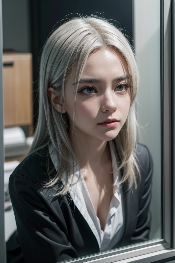 A person in a work environment, looking at herself in the reflection of a window, visibly worried about her white hair. The background is a modern office, suggesting professionalism.