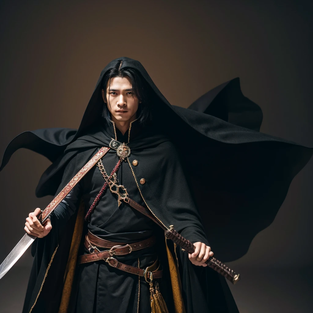 A man with a black cape and cloak facing the camera holding a ritualistic sword