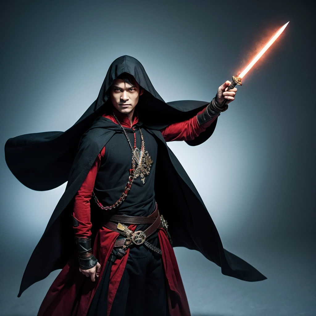 A man with a black cape and cloak facing the camera holding a ritualistic sword