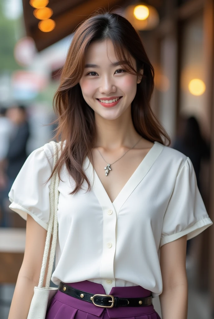 Tabletop、Highest quality、Genuine、Very detailed、finely、High resolution、8k wallpaper、One beautiful woman、light brown disheveled hair、Sharp focus、Perfect dynamic composition、Beautiful and detailed、Thinning hair、詳細なGenuineな肌の質感、smile、Close-up portrait、Model body type、smile、29-year-old Japanese woman、White short sleeve blouse、Purple long skirt、Black shiny glossy enamel belt、necklace,White Tote Bag,Straight Long Hair, Center of chest, Natural color lip, Random sexy poses,In front of a cafe near Tokyo Station,The whole body is shown from the front,Anatomically correct body,