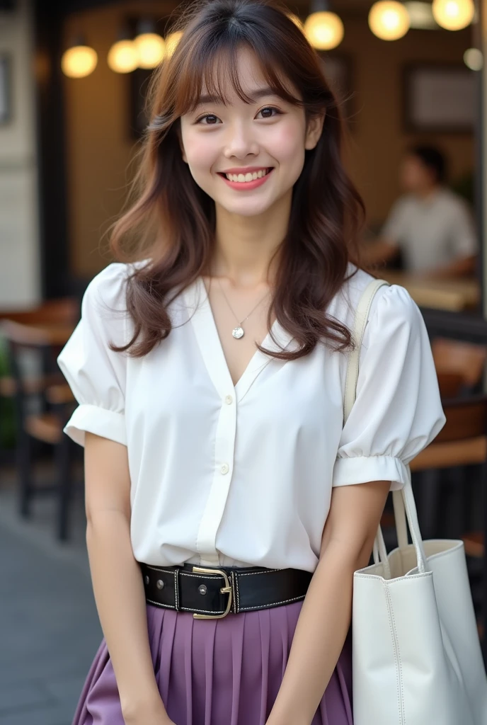 Tabletop、Highest quality、Genuine、Very detailed、finely、High resolution、8k wallpaper、One beautiful woman、light brown disheveled hair、Sharp focus、Perfect dynamic composition、Beautiful and detailed、Thinning hair、詳細なGenuineな肌の質感、smile、Close-up portrait、Model body type、smile、29-year-old Japanese woman、White short sleeve blouse、Purple long skirt、Black shiny glossy enamel belt、necklace,White Tote Bag,Straight Long Hair, Center of chest, Natural color lip, Random sexy poses,In front of a cafe near Tokyo Station,The whole body is shown from the front,Anatomically correct body,