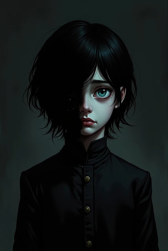 Chainsaw man comic panel boy with shoulder length black hair wearing Victorian era clothing light blue eyes white complexion with a tired look, hides all her skin with black effect except for the lips