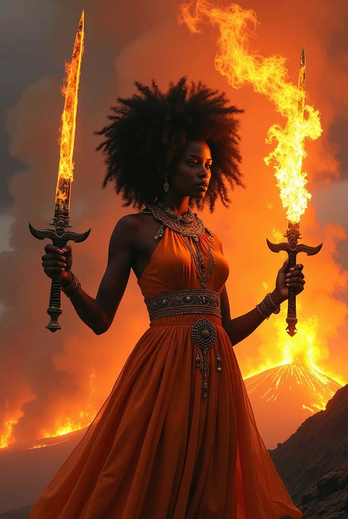 Black woman Orisha, warrioress, curly hair, in the middle of a volcano, orange dress, with a flaming sword raised in his hand